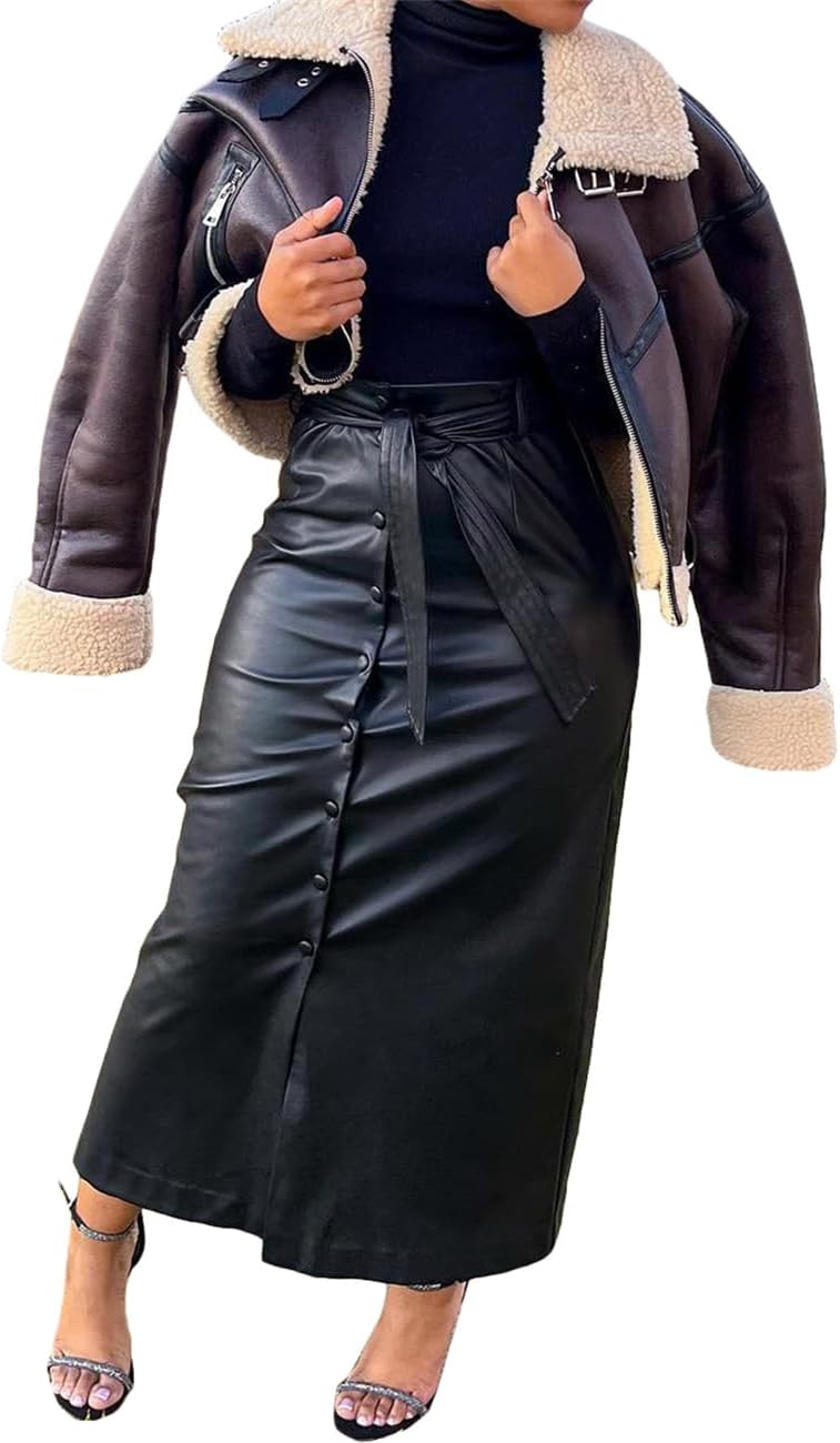 Women Button Down Front Slit Faux PU Leather Maxi Long Skirt with Belt - Image 3