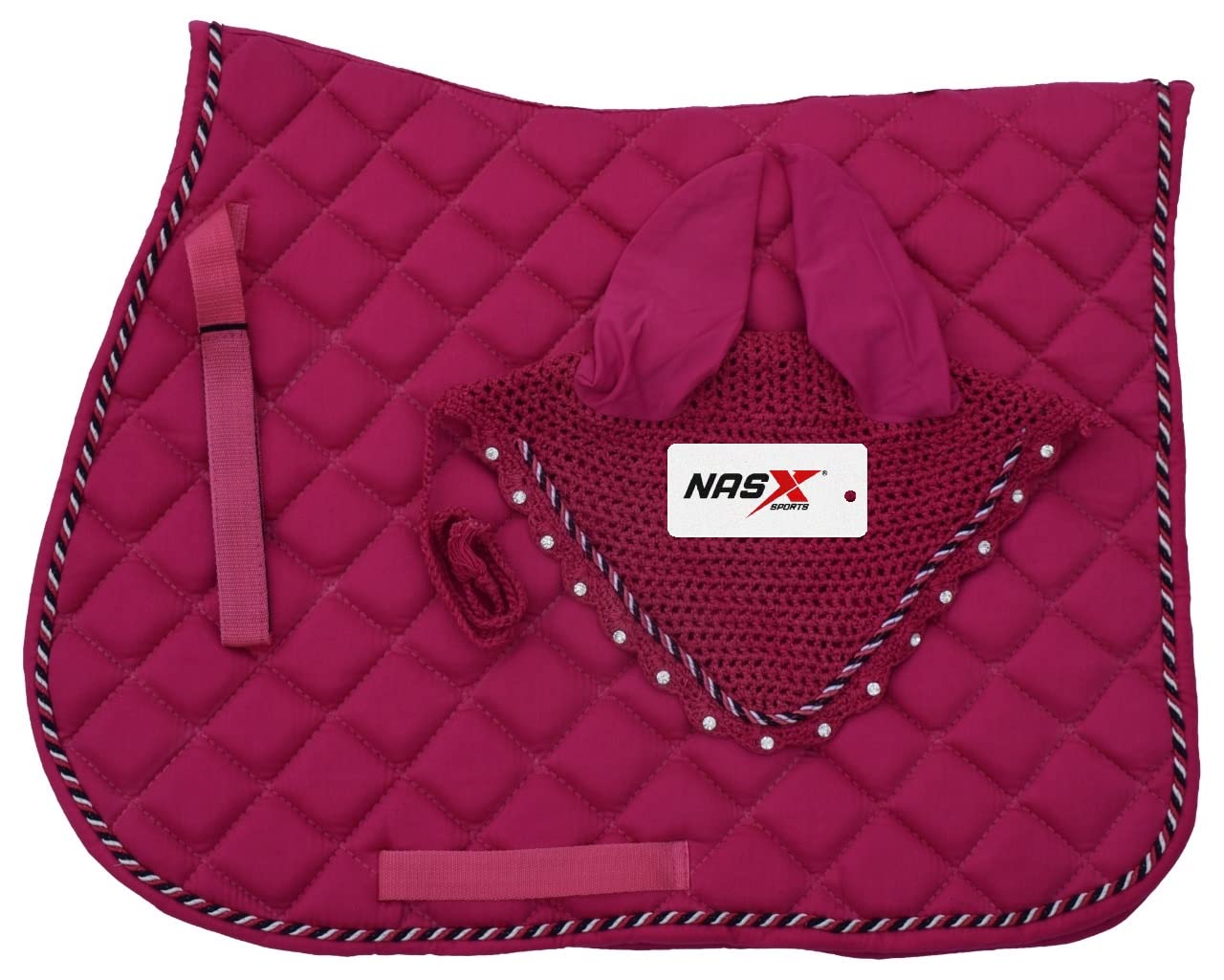 Saddle Pads with Matching Diamante Set Fly Veil Bonnet Ear bonnet Padded Numnah (FULL, Pink) โ image 1