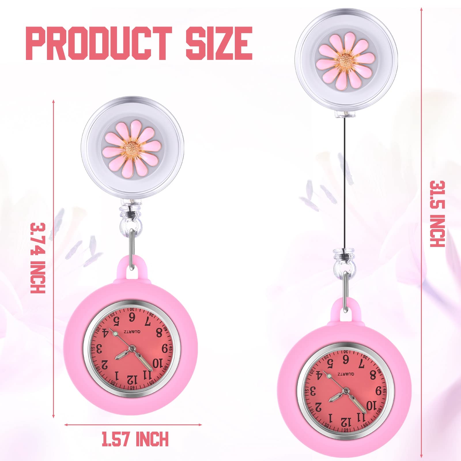 Outus 8 Pieces Retractable Nurse Clip on Badge Watch Silicone Dark Glow Pocket Fob Stethoscope Reel Nurse Watch for CNA Week Gift(Floral)