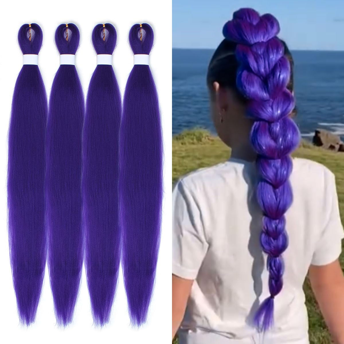 Kraler 4 packs 30 inch Synthetic Braiding Extensions, Purple Pre-Stretched Braiding Hair for Girls for Box Braids, Halloween Cosplay Party 30 Inch Braiding Hair Purple