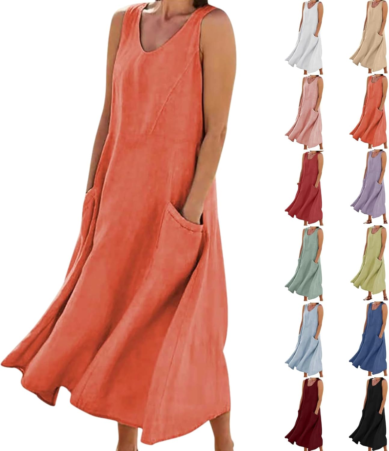 Summer Dresses for Women 2025 Linen Sleeveless Maxi Sundresses with Pockets 02-green 5X-Large - Image 1 of 5