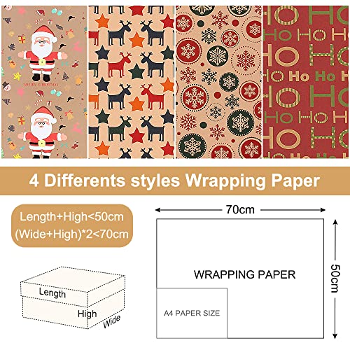 Christmas Wrapping Paper, Recyclable Gift Wrapping Paper 4 Vintage Designs 70x50CM Kraft Paper Folded Sheets for Xmas Party Gifts, Birthday, Graduation, Present Decorations