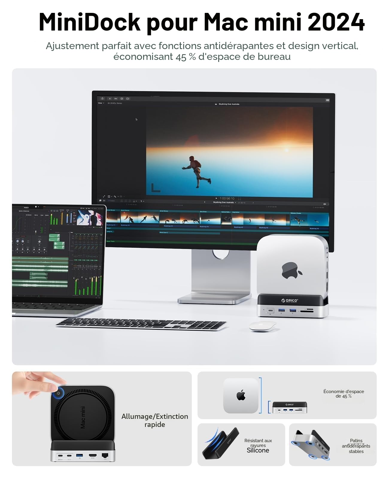ORICO MiniDock Station d’Accueil pour Mac Mini M4/M4 Pro 2024, Support Vertical avec hub HDMI et boîtier SSD M.2 NVMe, 4K@60Hz HDMI, 10G USB A/C, 2×5G USB A, Charge USB-C, SD/TF, RJ45