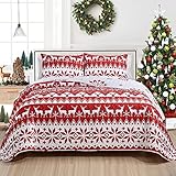 Mocaletto Red Quilts Queen Size, Reversible 3 Piece Christmas Bedding Set with Pillow Shams, Holiday Quilt Set Red Snowflake Bedspread, Light Microfiber Queen Coverlet