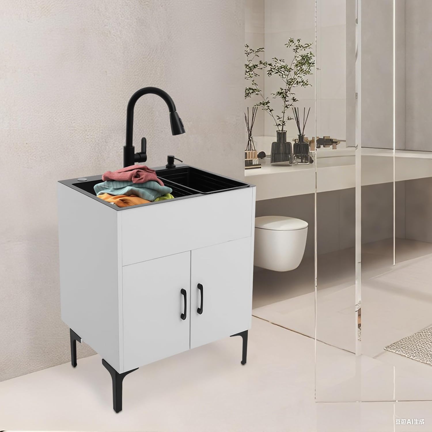 Freestanding Kitchen Cabinet with Sink & Faucet, 23.6“ X 17.7” X 30.7“ Single-basin Laundry Sink with Cabinet, Stainless Steel Utility Sink for Kitchens, Garages, Laundry Rooms, Bathrooms