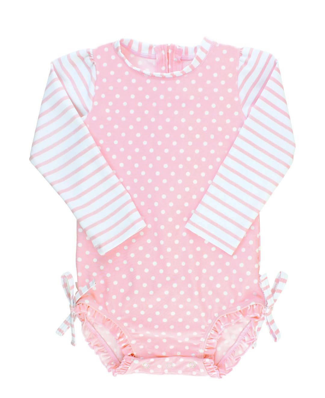 RuffleButts Costume da Bagno Intero A Maniche Lunghe con Protezione Solare UPF 50 per Bambine, A Pois, con Cerniera - Bright Aqua Heart Polka, 3-6 Mesi