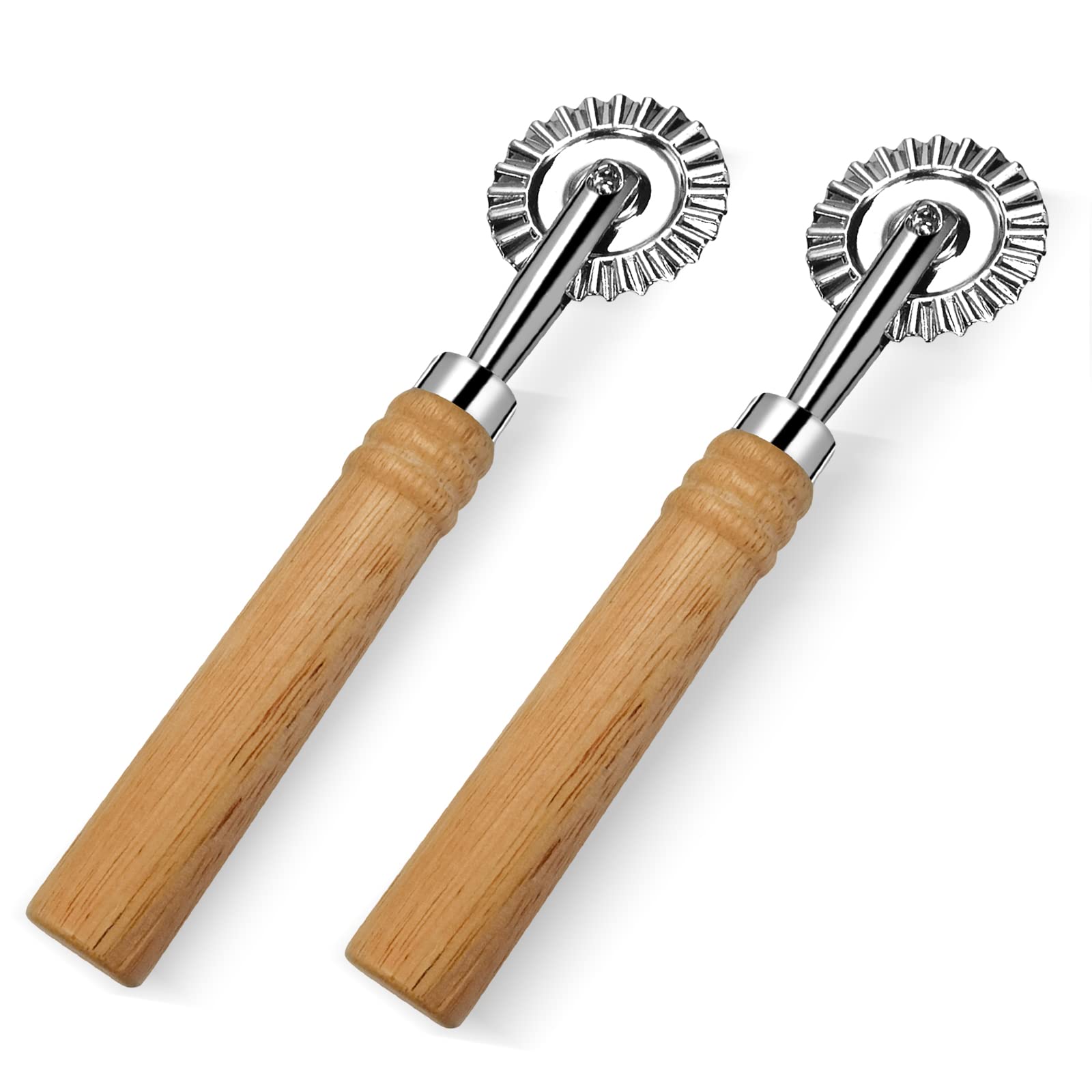 Rueda cortadora de pasta, paquete de 2 ruedas cortadoras de raviolis con mango largo de madera, rueda cortadora de pizza de aleación de zinc para el hogar y la cocina