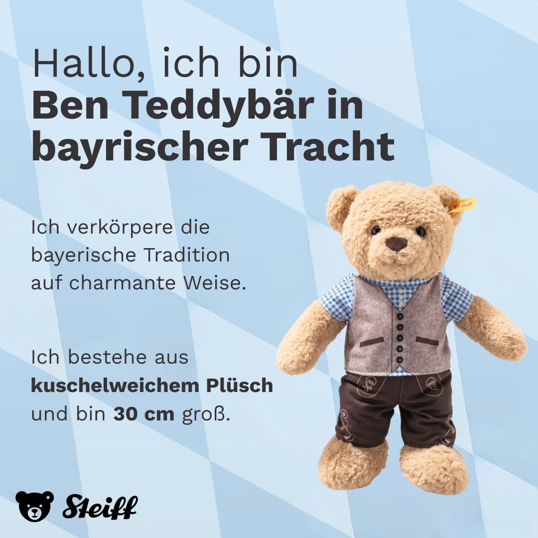 Steiff Kuscheltier Ben Teddybär in bayrischer Tracht, Süßes Stofftier, Kinder, Jungen & Mädchen, Friends, Plüschtier 30 cm, Beige, 988684