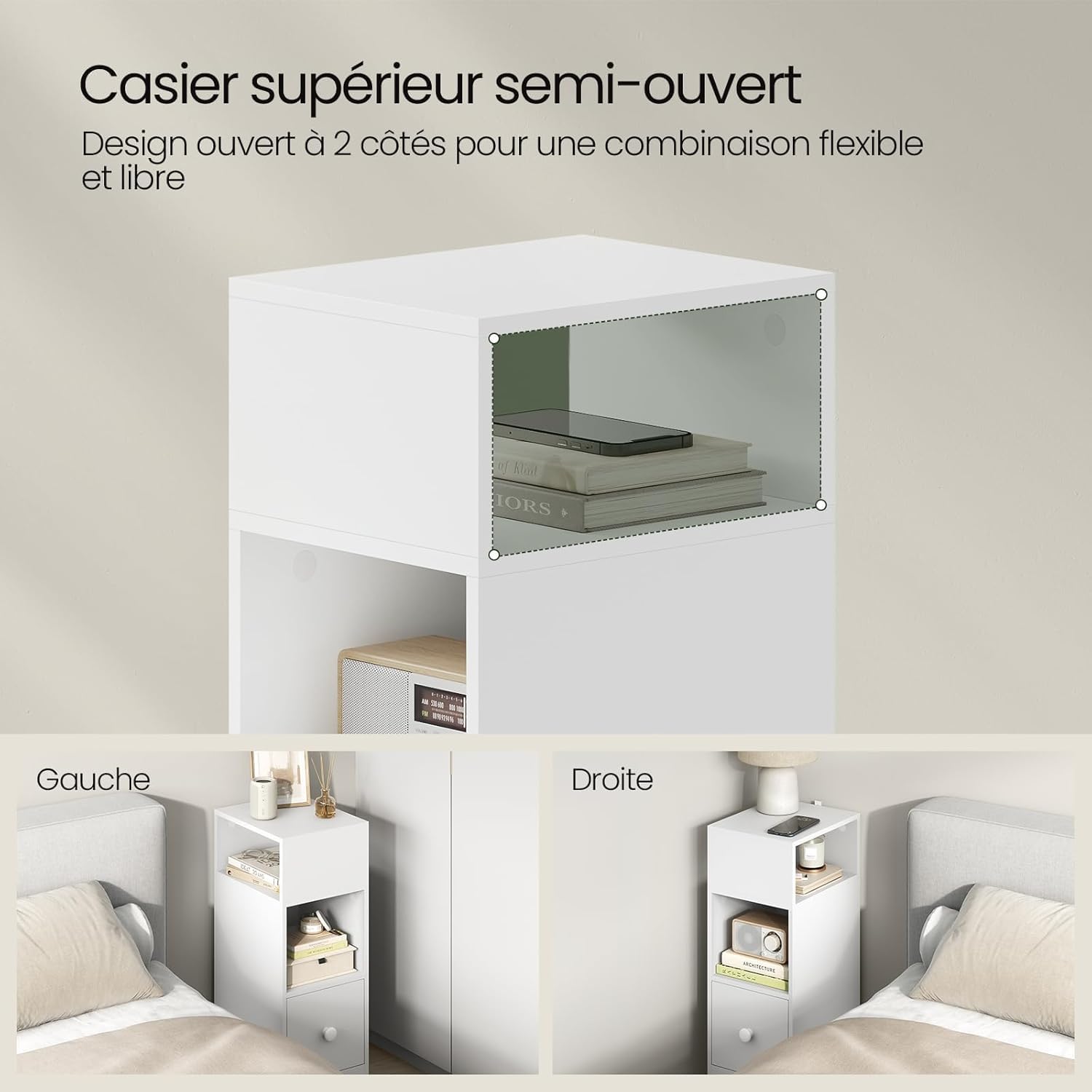 EUGAD Lot de 2 Tables de Chevet Étroite, Tables de Nuit avec 2 Compartiments Ouverts et 1 Tiroir, 25x30x66cm, Compact, pour Chambre à Coucher, Salon, en Aggloméré, Blanc, 0179ZZ-2
