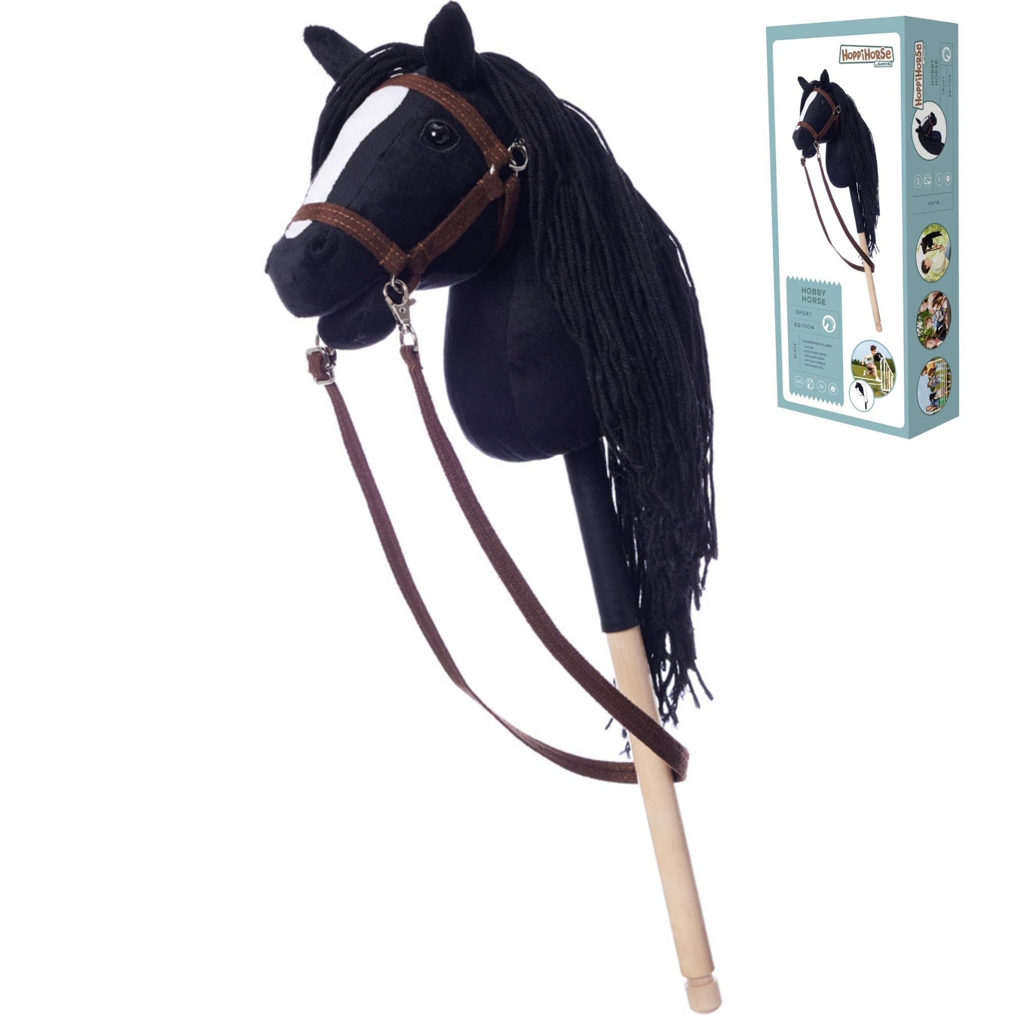 HOPPIHORSE - Hobby Horse Sport Edition A4, Koń na kiju z kantarem, wodzami, paskiem na ramię, ogonem i uchwytem silikonowym, wysokiej jakości pluszowy Hobby Horse w pudełku prezentowym od HOPPIMALS