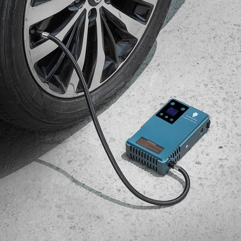 Explore Warriors Jump Starter inflating a car tire