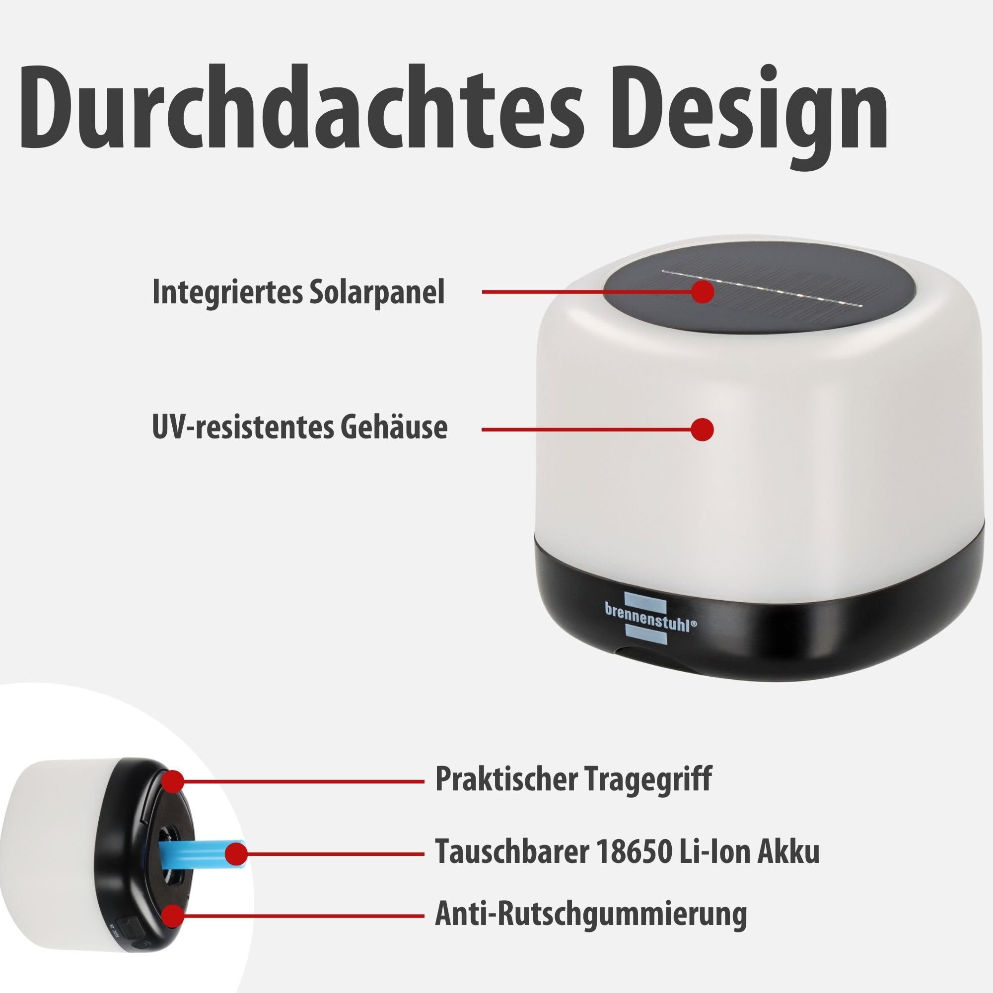 Brennenstuhl Akku Solar LED Outdoor Leuchte RGB GL 100 ASR | Campinglampe IP44 mit 340lm, 10%-50%-100% warmweiß – RGB Farbwechsel, bis zu 85h Leuchtdauer, Powerbank, austauschbarer Akku