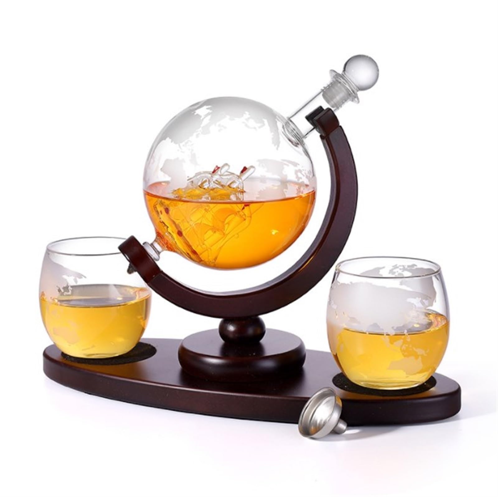 THE WHITE SHOP Etched Globe Whiskey Decanter Set + 2 Whisky Glasses. on Rich Wood Classic Mahogany Base Tray - Gift Packaging - Antique Ship Whiskey Dispenser for Liquor Scotch Bourbon Vodka