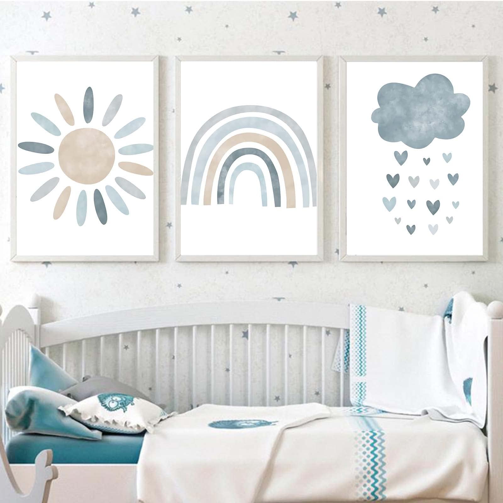 Nursery Wall Prints Blue Sunshine Rainbow Cloud Canvas Wall Art, Child Wall Art Poster Boho Nordic Wall Pictures for Boys Baby Kids Room Decor, Set Of 3 Cute Cartoon Prints Boys Room Wall Decor