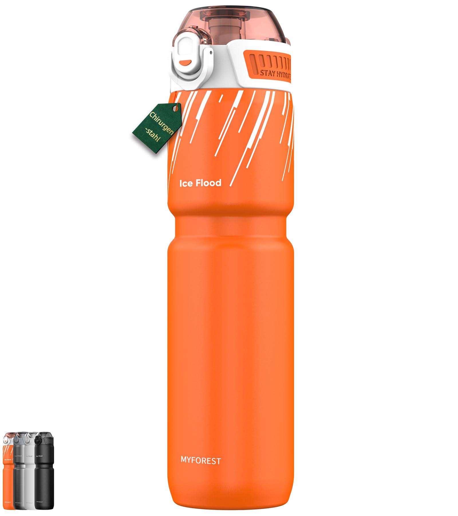 MYFOREST isolierte Fahrrad-Trinkflasche, geruchsneutrale Innenschale, 700ml | Für alle Getränke, 14+ h kalt, schnell zu öffnender & schmutzgeschützter Deckel, extra Griffigkeit, (Energie Orange)
