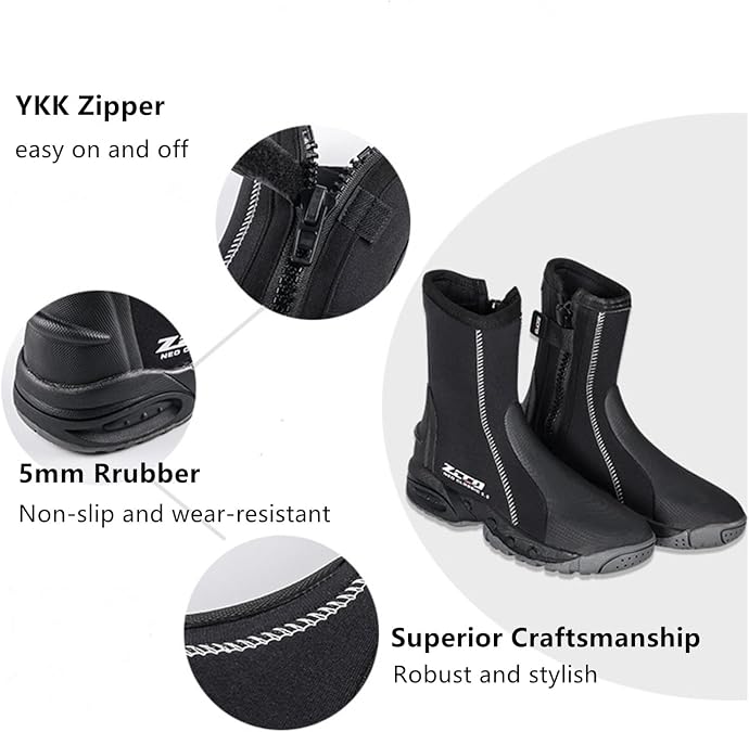 ZCCO 5mm Neoprene Diving Boots with Anti-Slip Rubber Sole, Scuba Snorkeling Boots, Ideal for Water Sports, Black