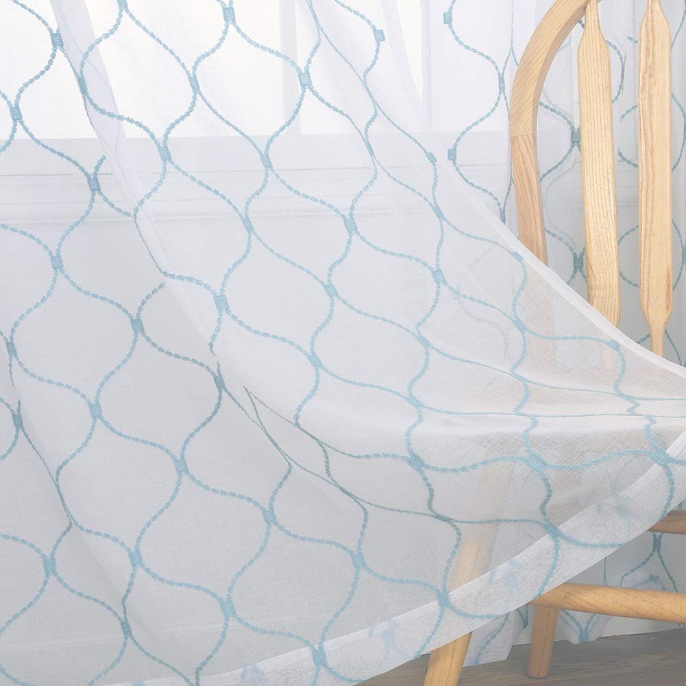 Cortinas traslúcidas bordadas azules de 63 pulgadas, cortinas de gasa con bolsillo para barra para sala de estar, dormitorio, tratamientos de ventana, paneles de cortina ondulados con diamante