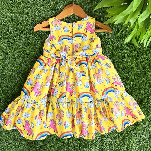 Image of Stanwells Kids Baby Girls Off-White Animal Print Cotton Rayon Knee-Length Frock | Sleeveless Summer Dress with Lion Print & Flared Back Zipper (6 Months-7 Years)