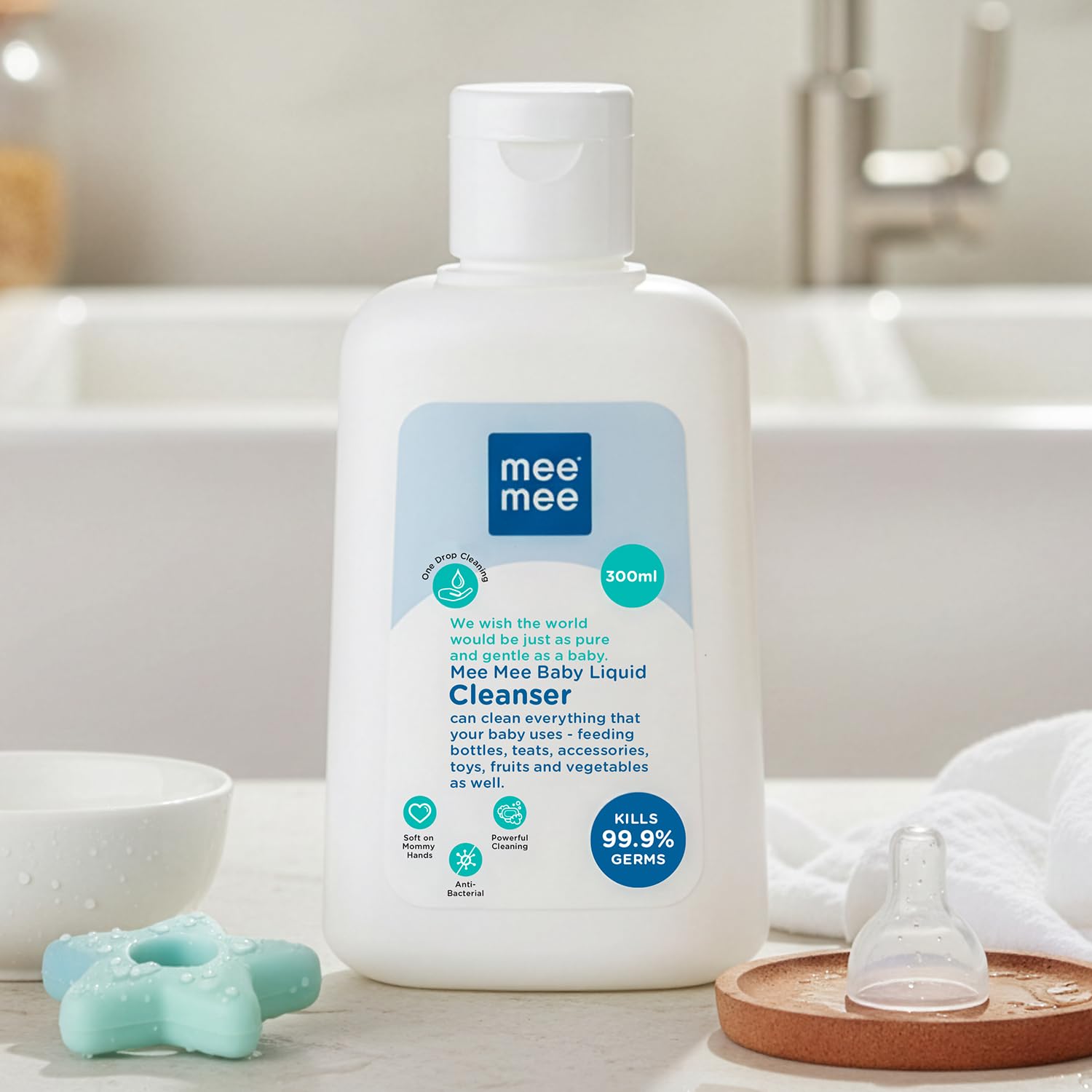 Mee Mee Baby Liquid Cleanser 300 ml, Anti-Bacterial Kills 99.9% Germs | Cleanser for Baby Bottles, Nipples, Accessories, Toys, Fruits & Vegetables No Alcohol,Dermatologically Tested