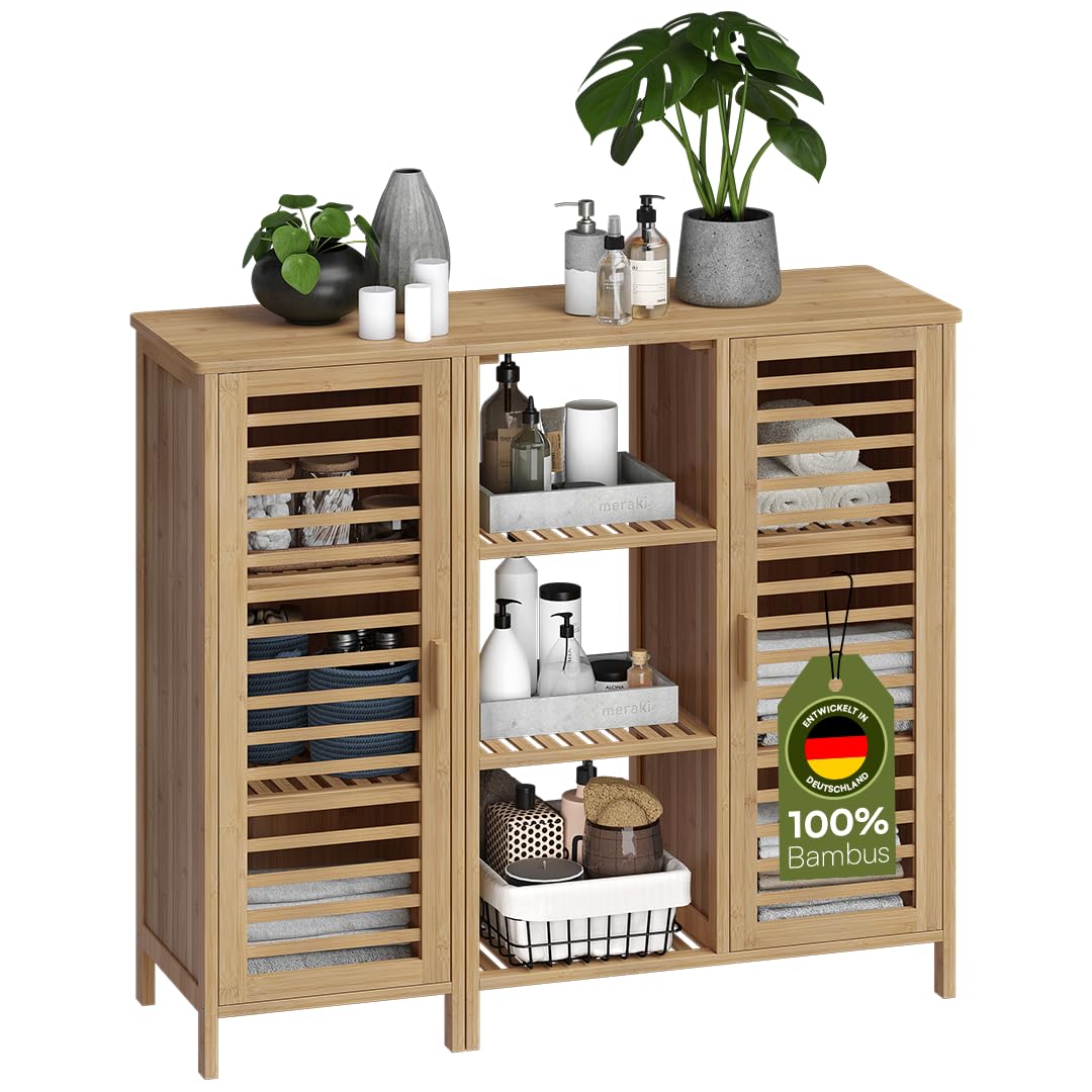 Bellamio Newa Badschrank Bambus – Badregal mit 9 Fächern & 2 Türen – Badezimmerschrank Holzoptik – Bambusschrank lackiert – Aufbewahrungsschrank 100x33x87 cm – Bambusregal schmal – Badmöbel