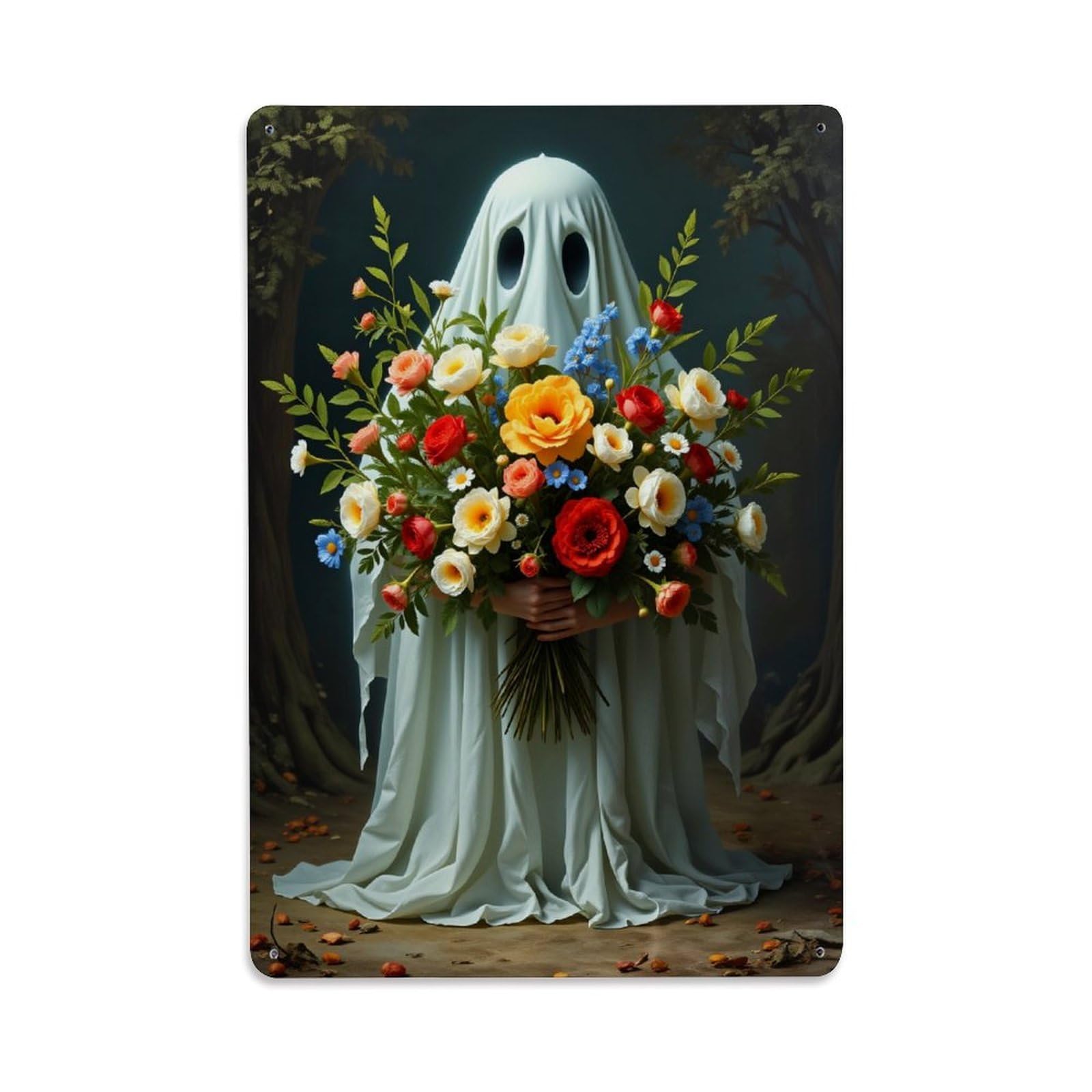 Enderetf Vintage Ghost Holding Flower Bouquet Tin Sign Metal Poster, Home Bar Garage Man Cave Cafe Indoor & Outdoor Wall Decoration 8X12inches