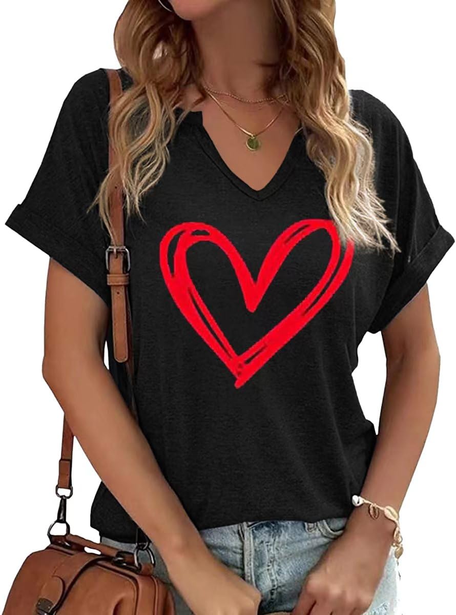 EarlymembWomens Lover Heart Graphic V Neck Shirt Valentines Day Funny Couple Matching Casual Short Sleeve Gift Tee Tops