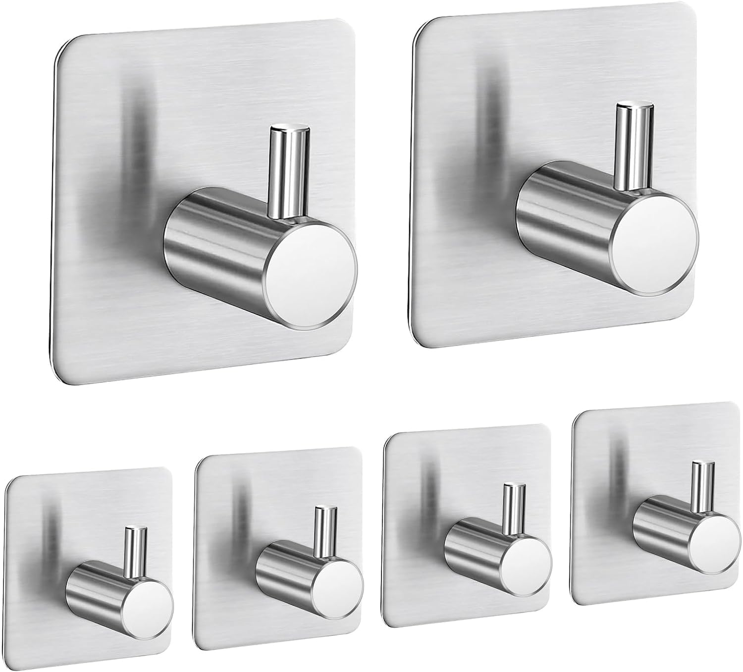 JIALTO 6 pcs Waterproof Stainless Steel Adhesive Hooks: Heavy-Duty Wall Mount for Coats, Hats, Towels, and Robes - Ideal for Bathroom and Bedroom Organization (Square Silver)