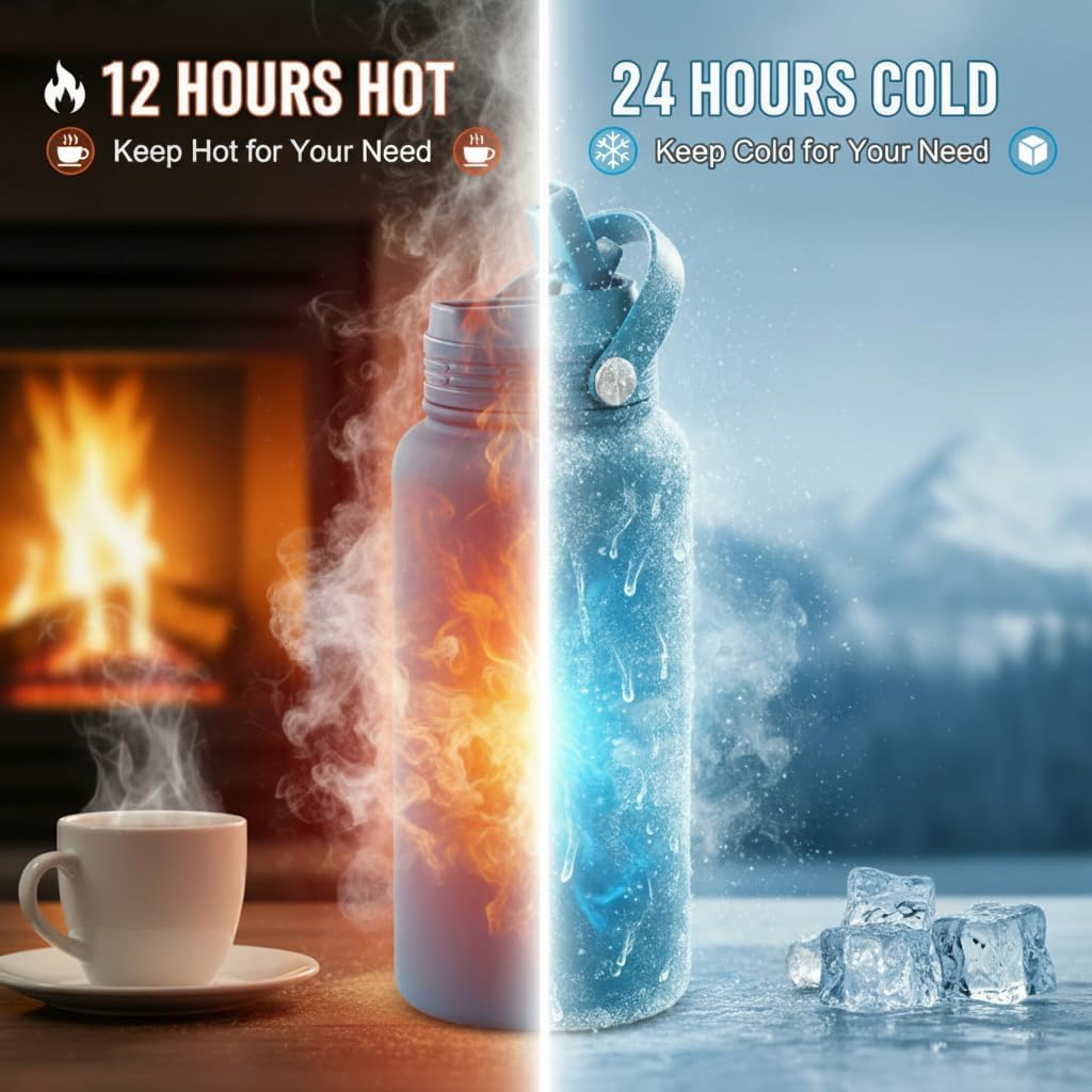 Blue 32 oz Insulated Water Bottle, Large Metal Stainless Steel Water Flask, Big Sports Travel Mens Water Bottle for Gym,Hiking,1 liters Leakproof Insulated Thermal Bottle with 2 Lids - Image 3