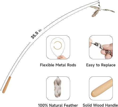 Miniatura 3 de FUKUMARU Juguete de varita para gatos de alambre de acero de 355 pulgadas con campana juguete para gatos de interior con plumas naturales mango de