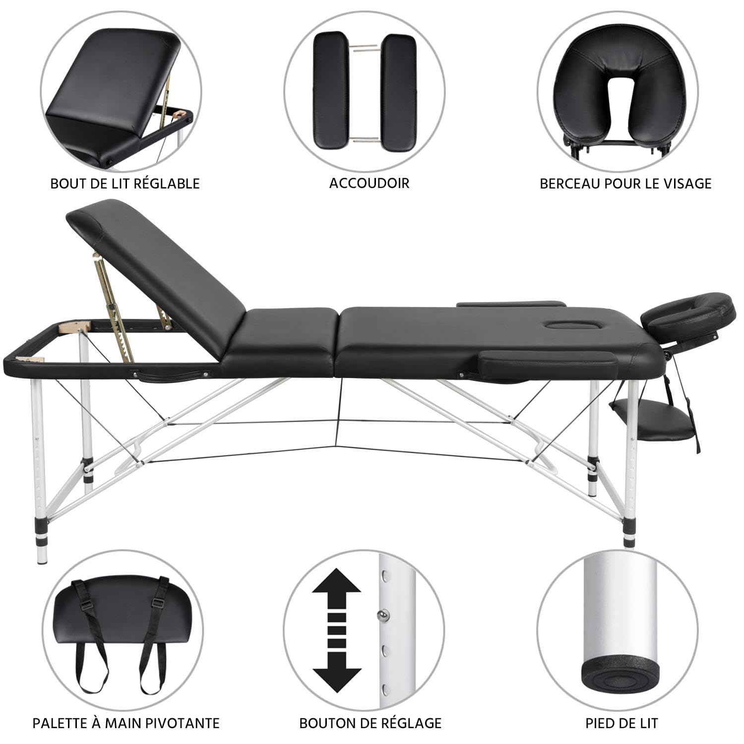 Yaheetech Table de Massage Pliante Professionnelle 3 Section 90 x 213 cm avec Cadre en Aluminium Lit de Massage Large Portable à Hauteur Réglable Repose-tête Ergonomique pour Massage Spa Tatouage