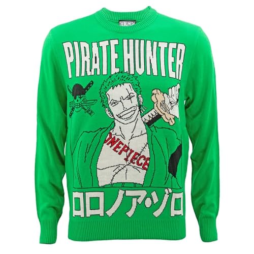 Ripple Junction One Piece Men's Pullover Sweater Roronoa Zoro Pirate Hunter W/Sword & Jolly Roger Flag Anime Green M