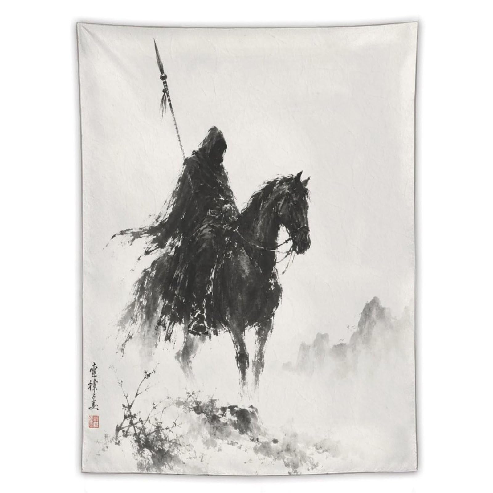 W7C8U2X3 Horseman Ink Silhouette Wall Tapestry, Asian Ink Style, Bedroom