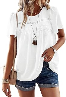 TcIFE Womens Summer Tops Crewneck Short Sleeve Shirts Casual Chiffon Blouses Flowy Lace Hem Boho Clothing Trendy