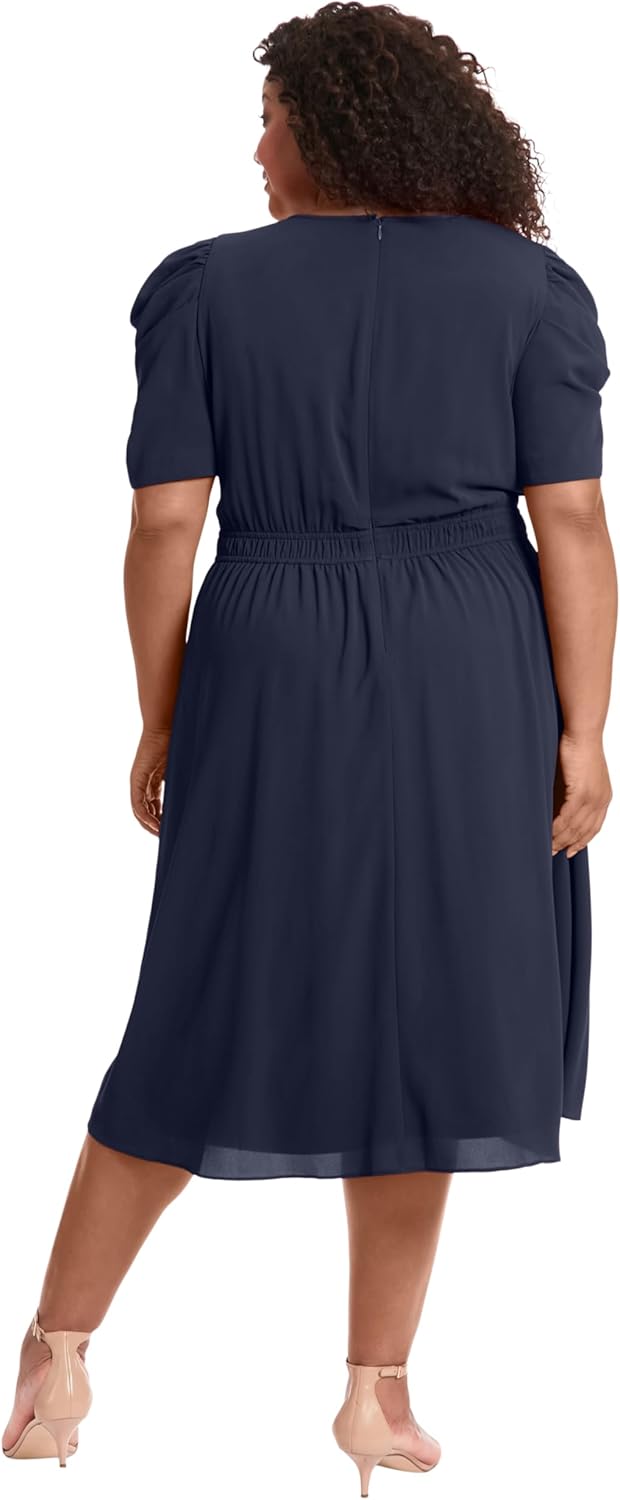 London Times Women's Caterpillar Puff Sleeve Midi Dress - Gathered Waist A-Line Flowy Summer Dress - Image 6