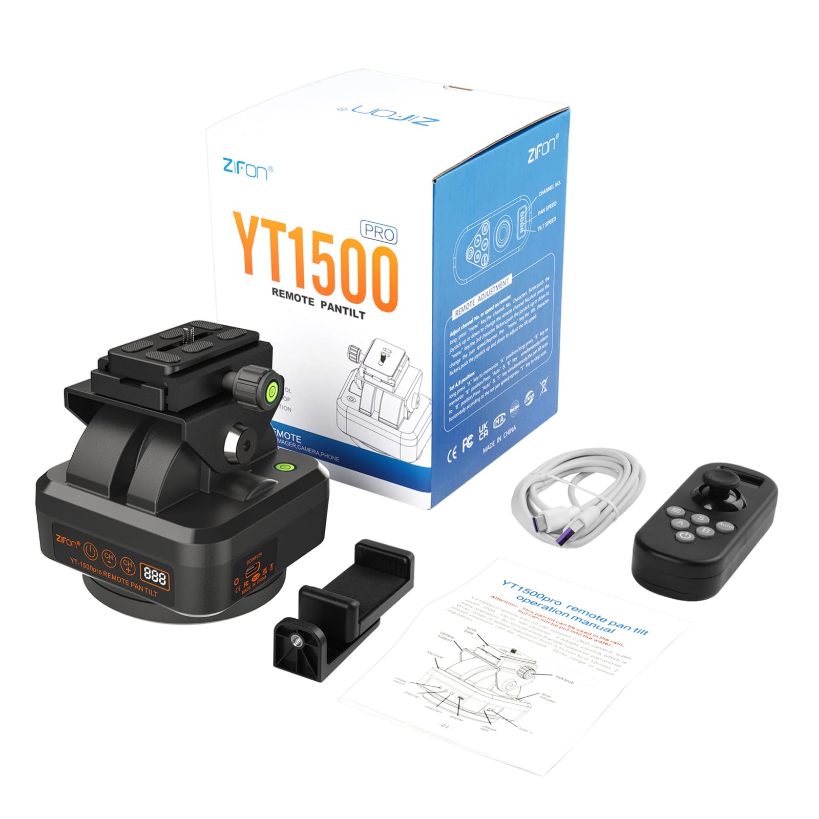 ZIFON YT1500 Pro - Testa treppiede fotocamera, telecomando girevole 360°, ciclo punto AB, 2,4 G, 40 m, 2,2 kg, impermeabile IP66 per DSLR, LED, Smartphone, Live Streaming