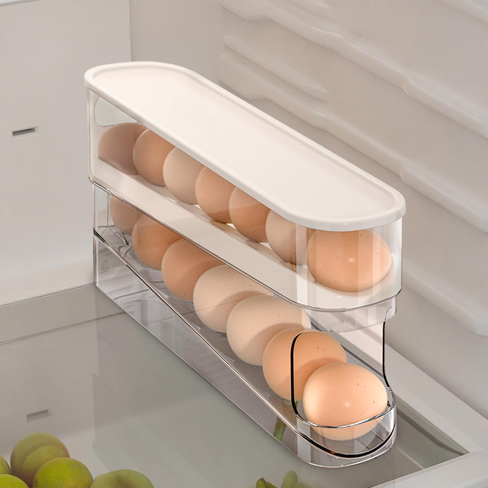 Yeqqzq White Auto Rolling Fridge Egg Organizer, Space Saving Eggs Dispenser For Refrigerator Storager, Home Egg Holder