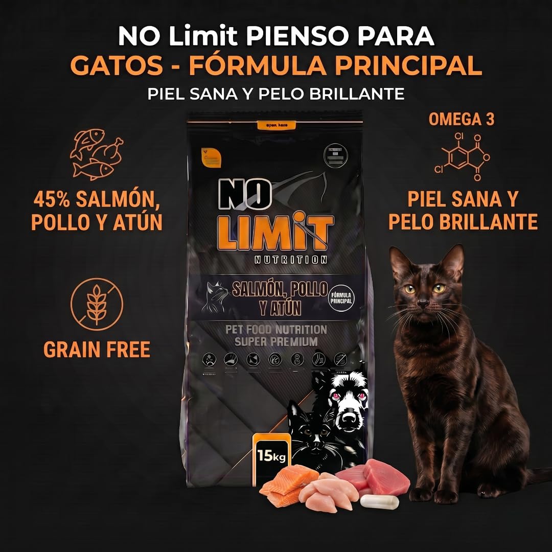 NO Limit Sensitive Cat Pienso Gato Sin Cereales – Salmón, Pollo y Atún Grain Free – Comida para Gatos con Digestión Sensible – Cat Food Premium con Omega 3, Probióticos y Soporte Articular - 15KG