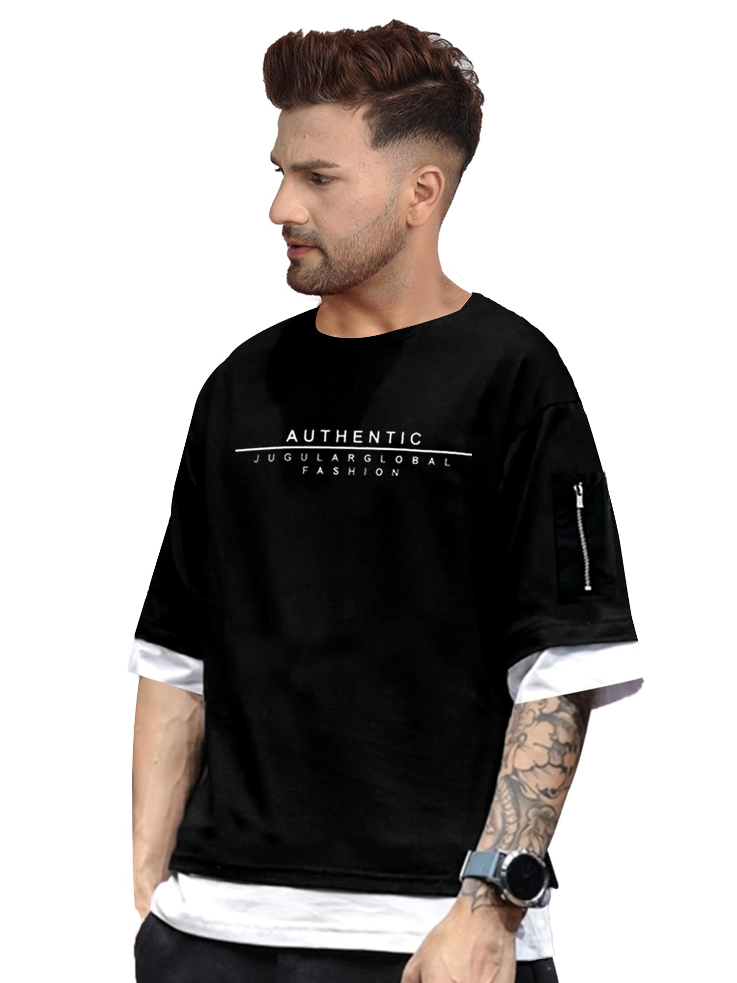 JUGULAR Men's Cotton Printed Round Neck Loose Fit Oversized T-Shirt Black-White