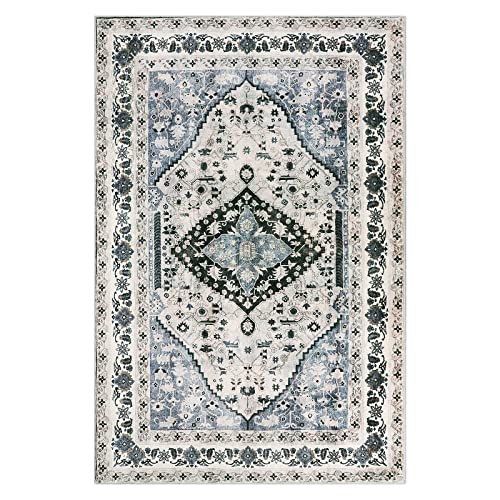 Beeiva Boho Entryway Throw Small Area Rug, 2X3 Blue Persian Floral Non Slip Washable Rug Floor Carpet For Doorway, Vintage Distressed Non-Shedding Rug For Kitchen Bathroom Bedroom Entryway #TOP1