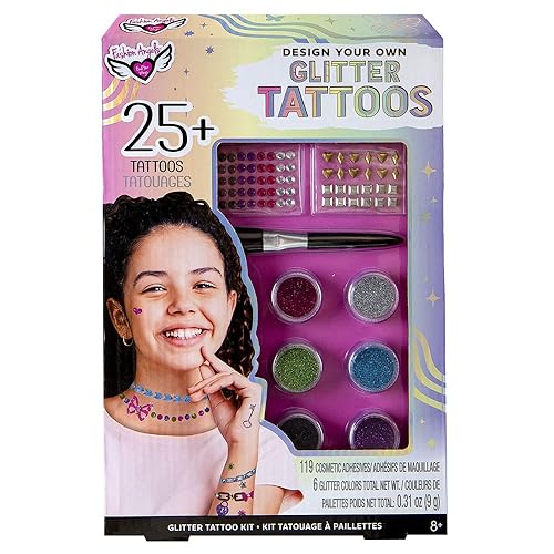 Miniatura 2 de Fashion Angels Diseña tus propios tatuajes con purpurina – 6 macetas de purpurina corporal, 1 cepillo de maquillaje suave, 1 hoja de calcomanías de