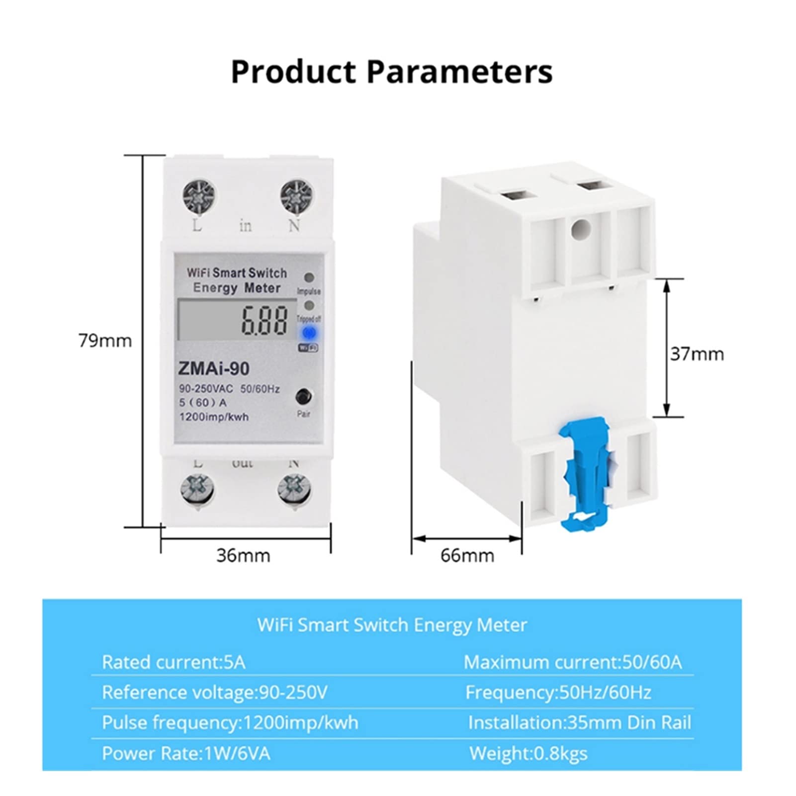 eEnergy Monitor 5 (60) A WiFi Kwh Medidor digital de consumo eléctrico KWh DIN Rail Medidor de energía inteligente WiFi Medidor de potencia con pantalla Medidor de electricidad