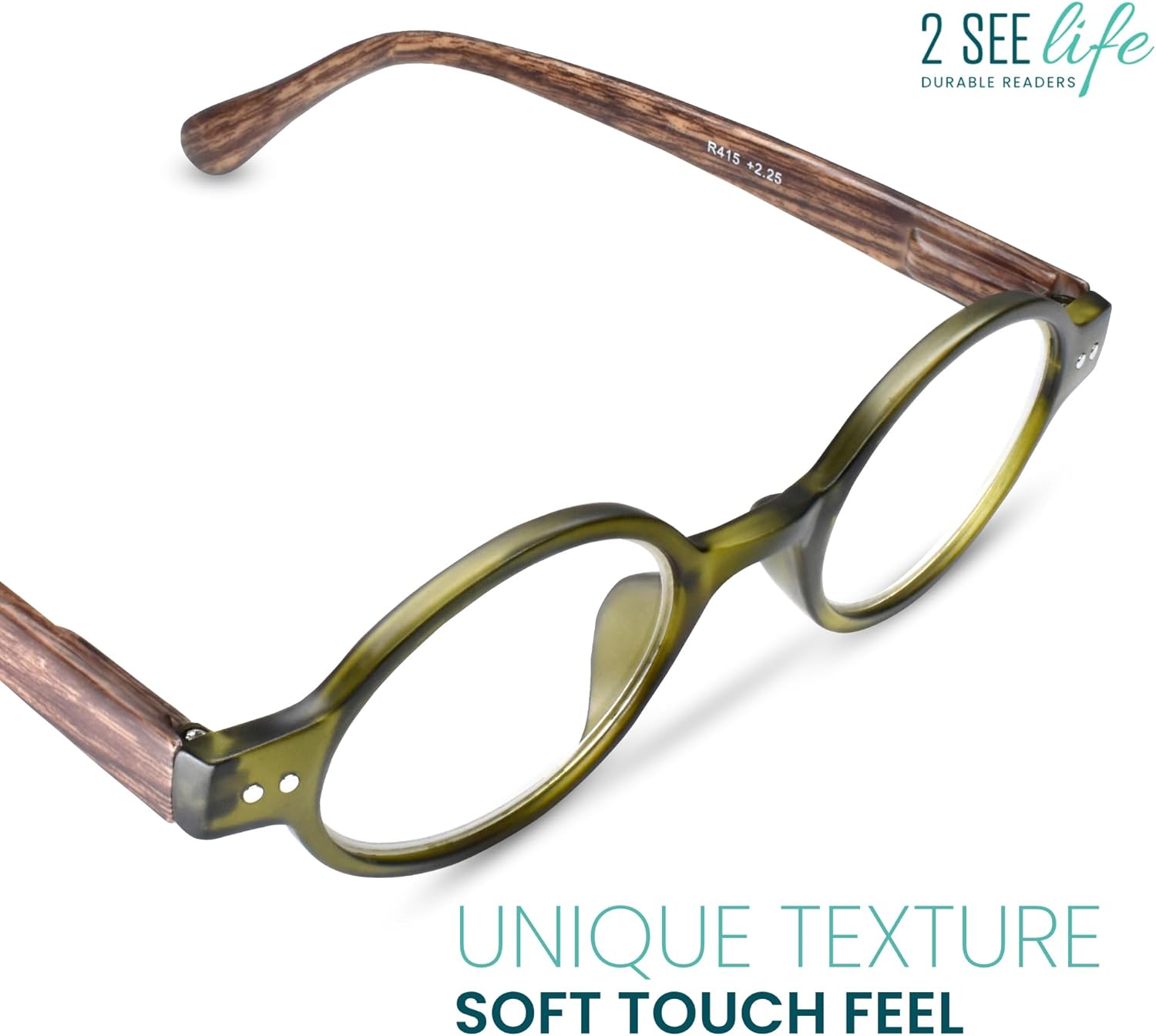2SeeLife Small Round TR-90 Reading Glasses for Men & Women - Narrow-Medium Fit, Sturdy Frame, Spring Hinges, Retro Readers, Green, +2.00