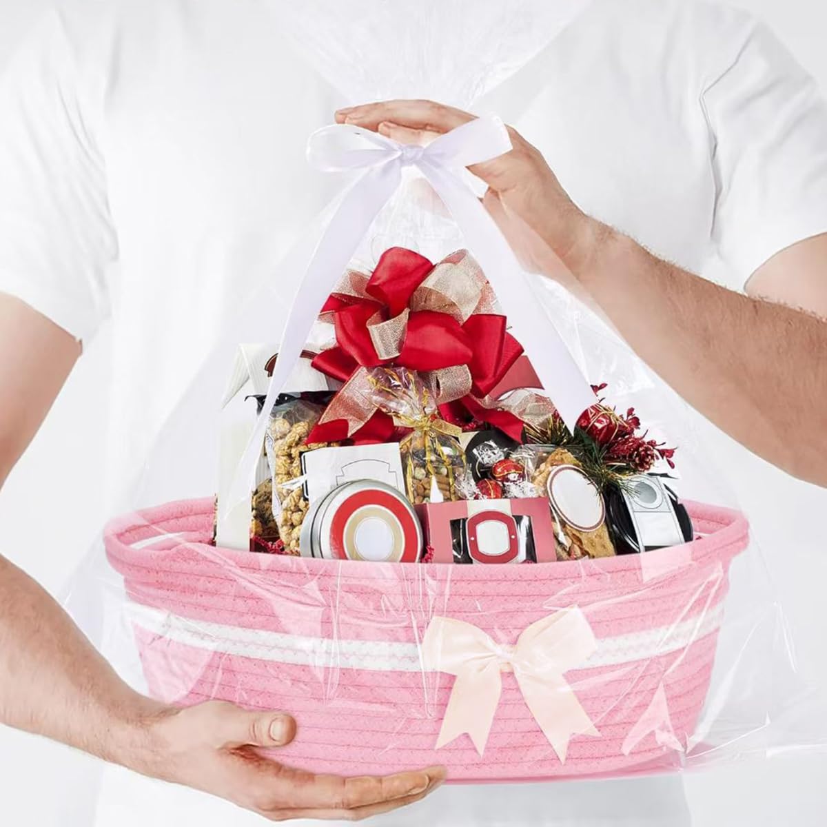 Gift Baskets Empty, Small Woven Rope Storage Basket with Bow and Ribbons and Gift Wrap, Bowknot Decorative Gifts Basket with Handles, DIY Storage Organizer Basket for Wedding Graduation, Pink