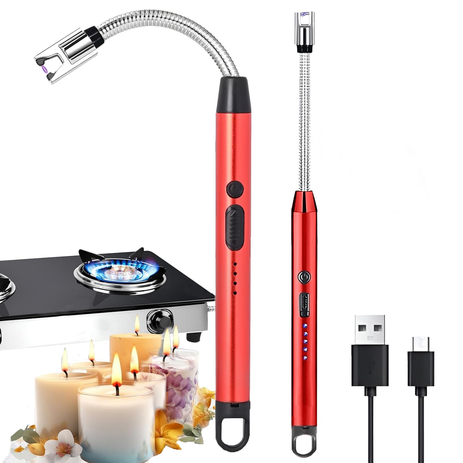HACER Electric Arc Gas Lighter Rechargeable Plasma USB Charging 360° Flexible Neck Electric Wind-Resistant Lighting for BBQ Cooking Gas Stove Kitchen Pooja Candles Outdoor (Pack of 1, Red)