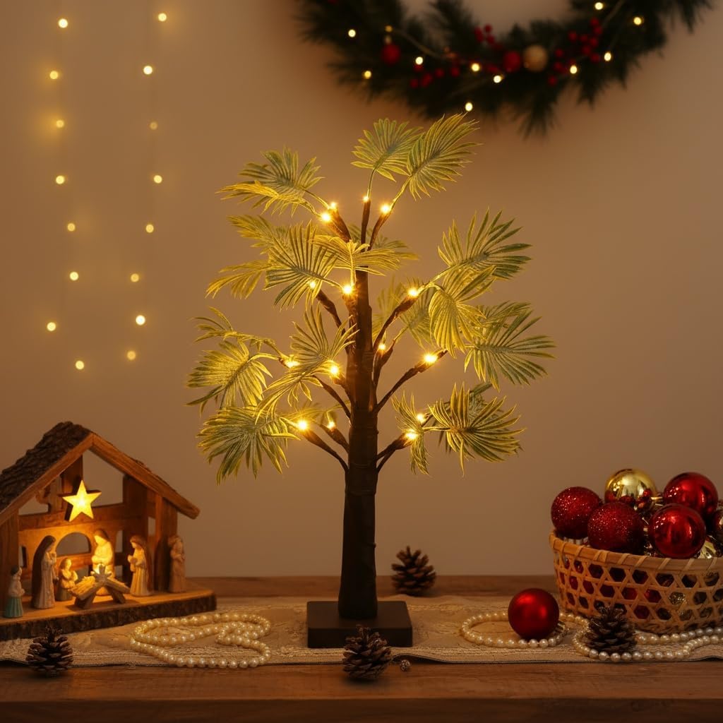 2ft Lighted Palm Tree Lamp with Timer - Tropical Christmas Decorations Indoor, Warm White Fairy Light Spirit Tree for Bedroom, Holiday, Party | USB/Battery Powered