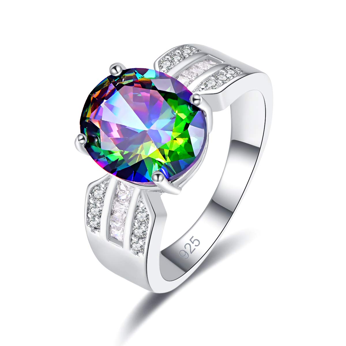 Emsione 925 Sterling Silver Plated Created Emerald Quartz Oval CZ Cut with Round Side Stones Eternity Anniversary Wedding Engagement Band Ring Size 7 Color Rainbow