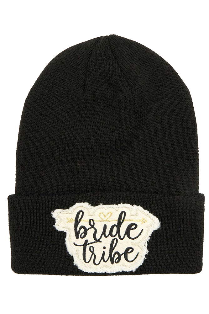 ScarvesMe Exclusive Unisex Basic Knitted Cuff Skully Hat Beanie with Bride Tribe Patch Black