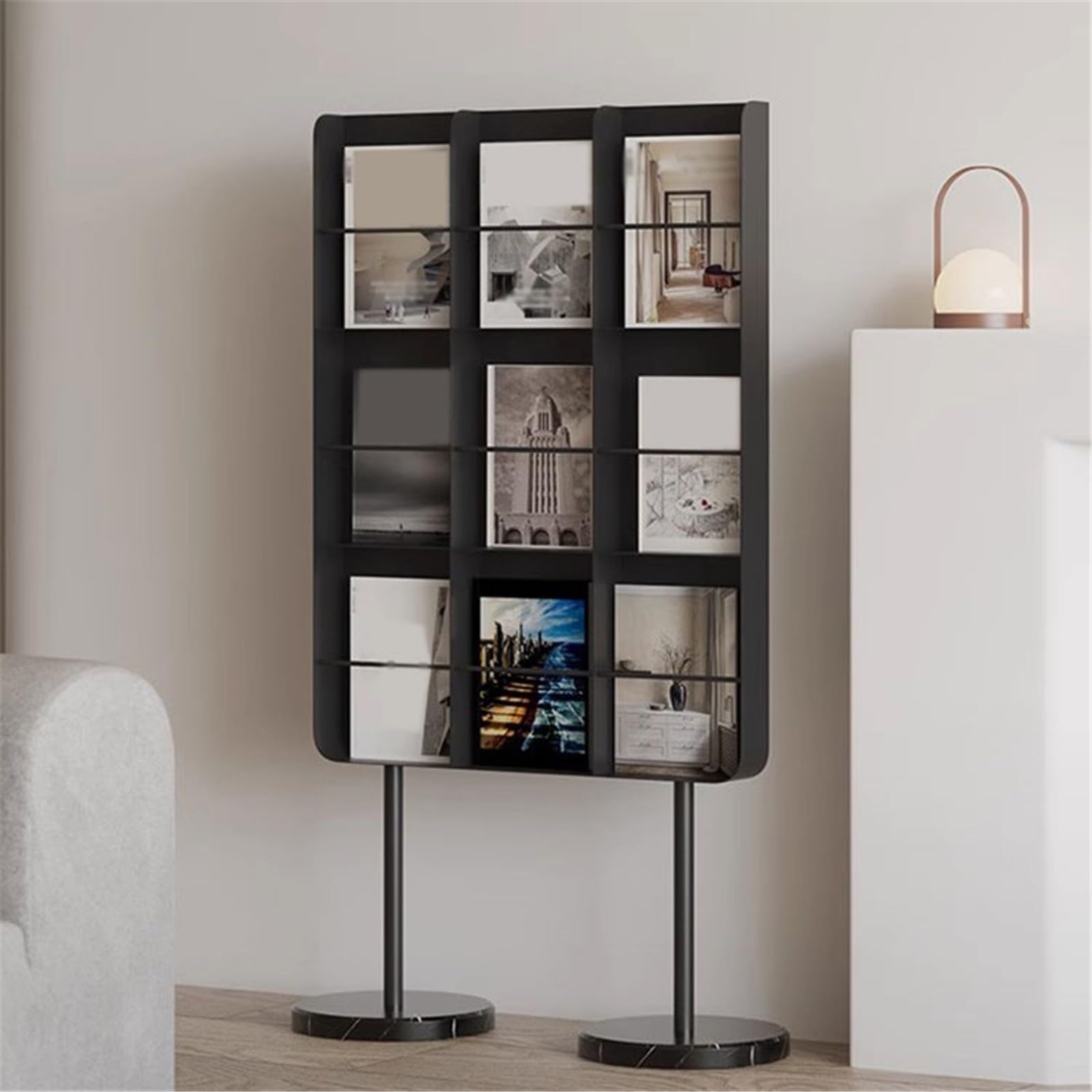 Rack per dischi Porta dischi in vinile minimalista in metallo con base in marmo, libreria gambe alte e riviste(Nero)