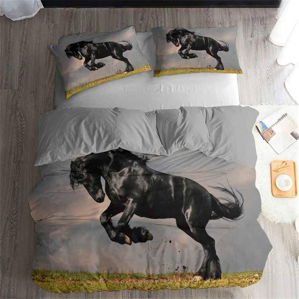 LanS Dark Horse White Horse Series Youth Duvet Cover 3D Bedding Set, Duvet Cover and Pillowcase, 3/4 Piece Set (Duvet Cover + 2 Pillowcases + Sheets) Health/Soft/colourfast (C,Twin-4PCS-172x218cm)