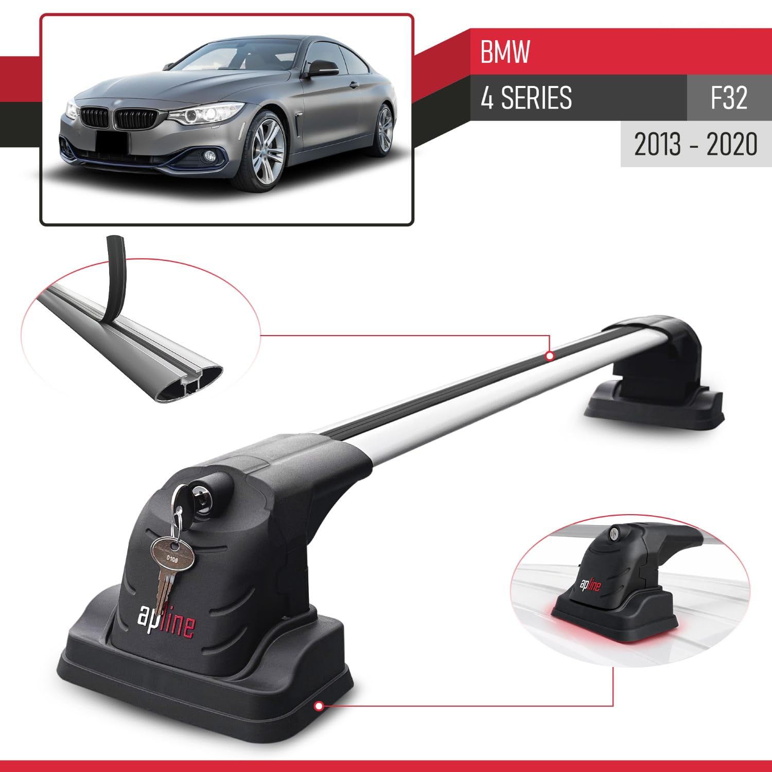Compatible con BMW Serie 4 (F32) 2013-2020 Modelo Ace-3 Barra de Techo Auto Portaequipajes Barras Transversales Gris Aluminio 2 Barras